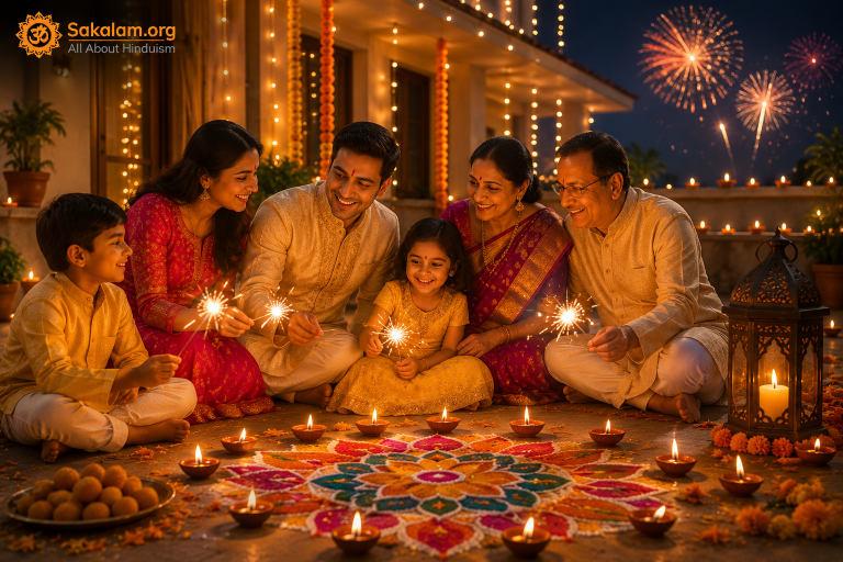 A family celebrating Diwali after Lakshmi Puja